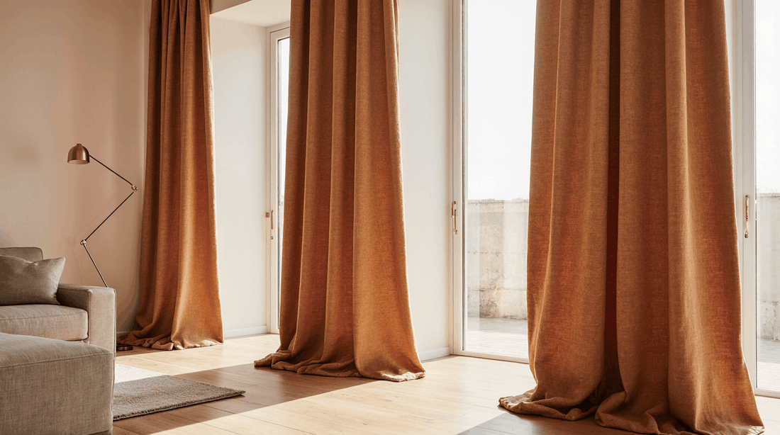 Rideaux occultants installés devant une fenêtre avec lumière naturelle en arrière-plan.