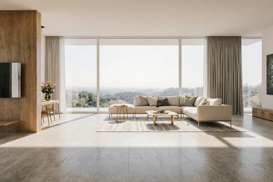 La lumière naturelle entrant par une fenêtre avec rideaux ouverts dans une pièce intérieure sombre.