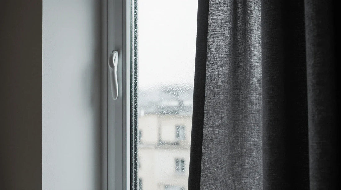 Rideau occultant gris foncé installé près d’une fenêtre avec légère condensation sur le vitrage.