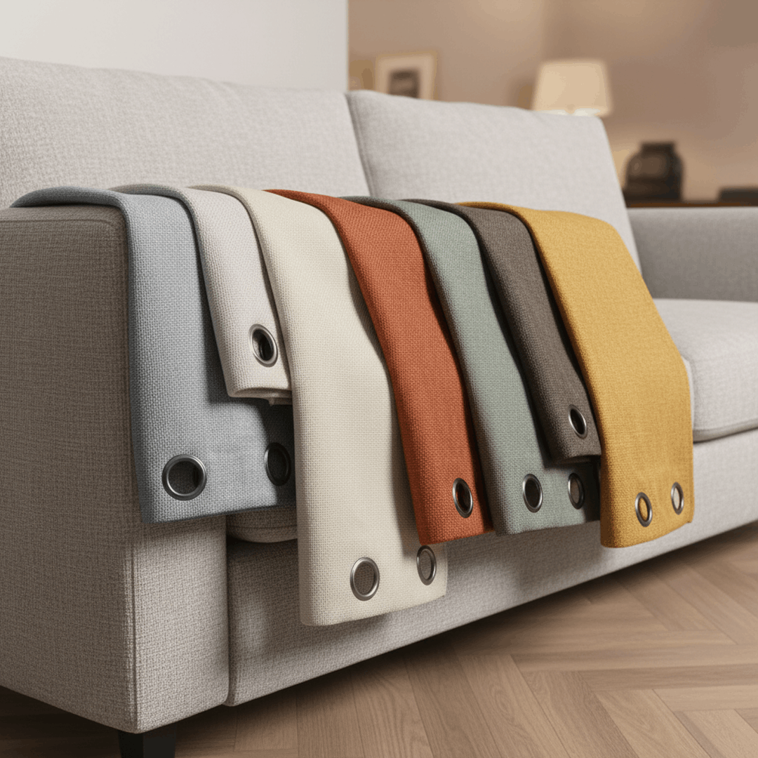Échantillons de rideaux en tissu de différentes couleurs avec œillets métalliques, posés sur un canapé dans un intérieur d’appartement
