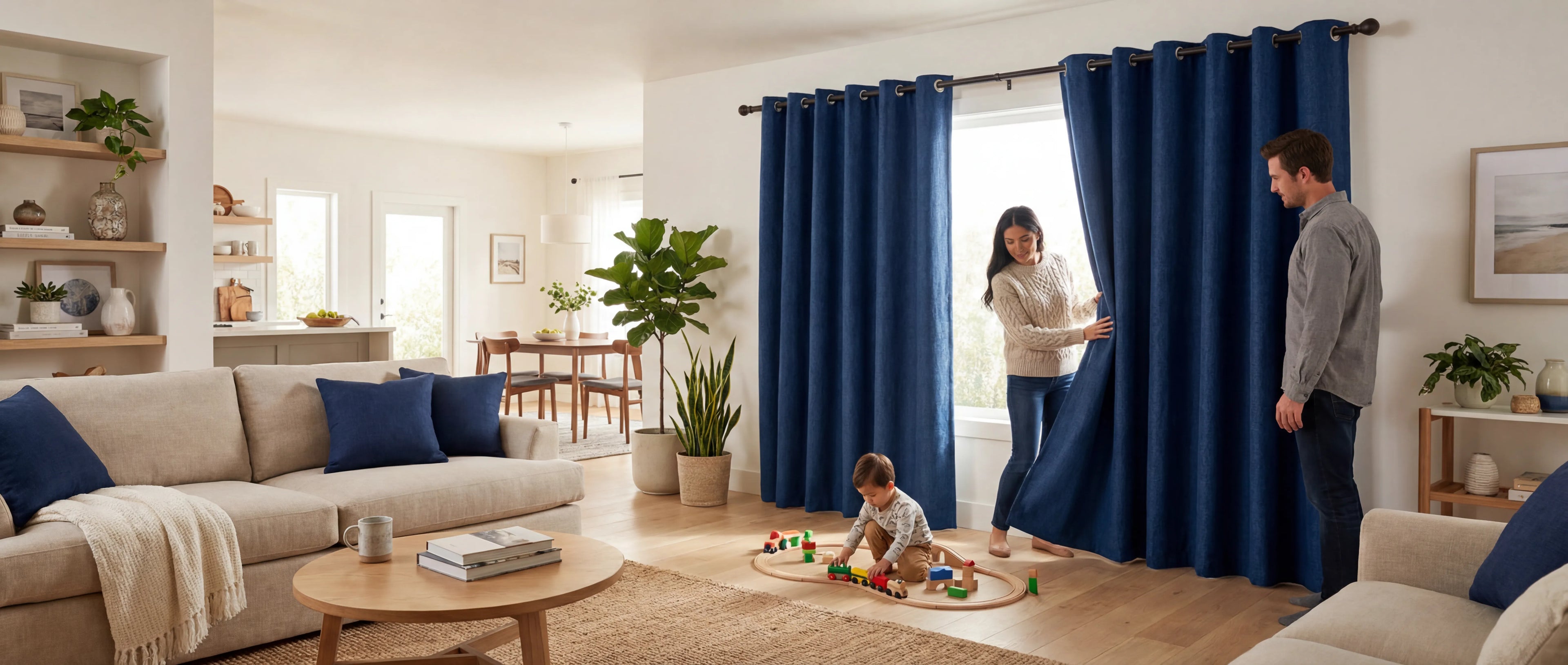 Rideaux occultants bleu marine installés sur une grande fenêtre dans un salon lumineux avec une famille et une décoration intérieure colorée.