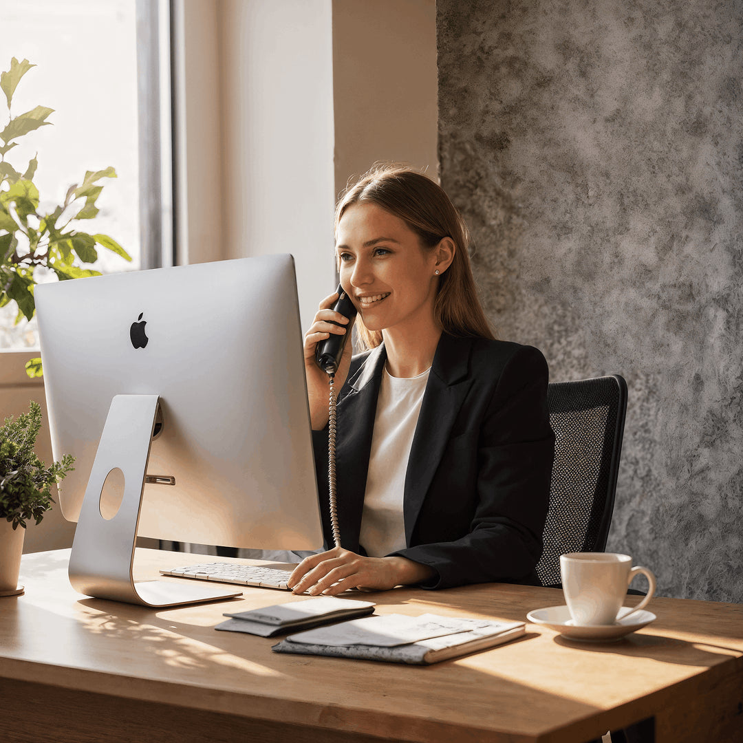 Service client Rideaux Français – conseillère au téléphone dans un bureau moderne et lumineux